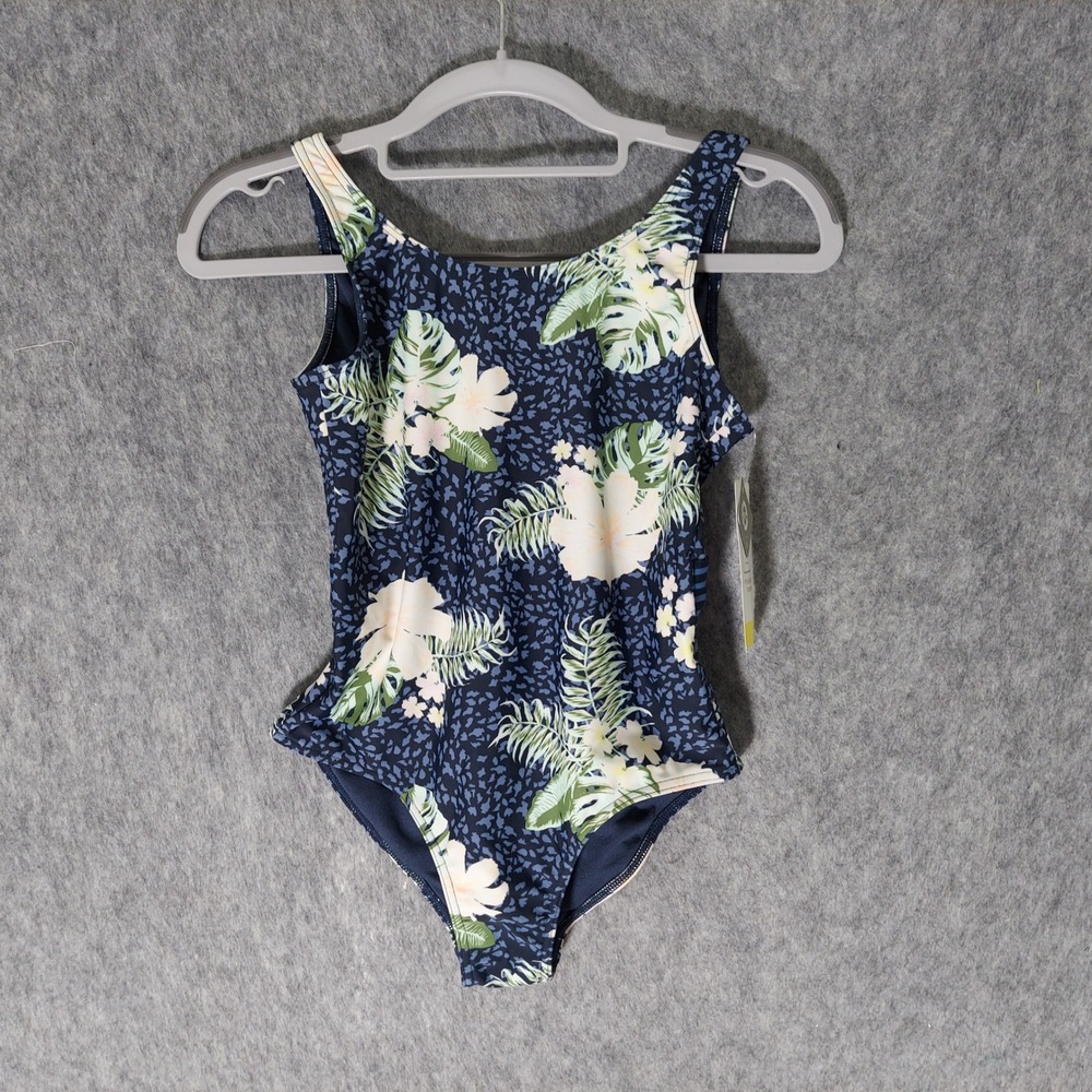 Roxy Girl One Piece Swimsuit 12 Navy Tropical Hawaiian Floral Beach Tie Back